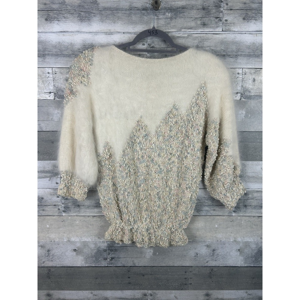 VTG 80s Women's Short Sleeve Fuzzy cinched waist Sweater Medium 3/4 Sleeve